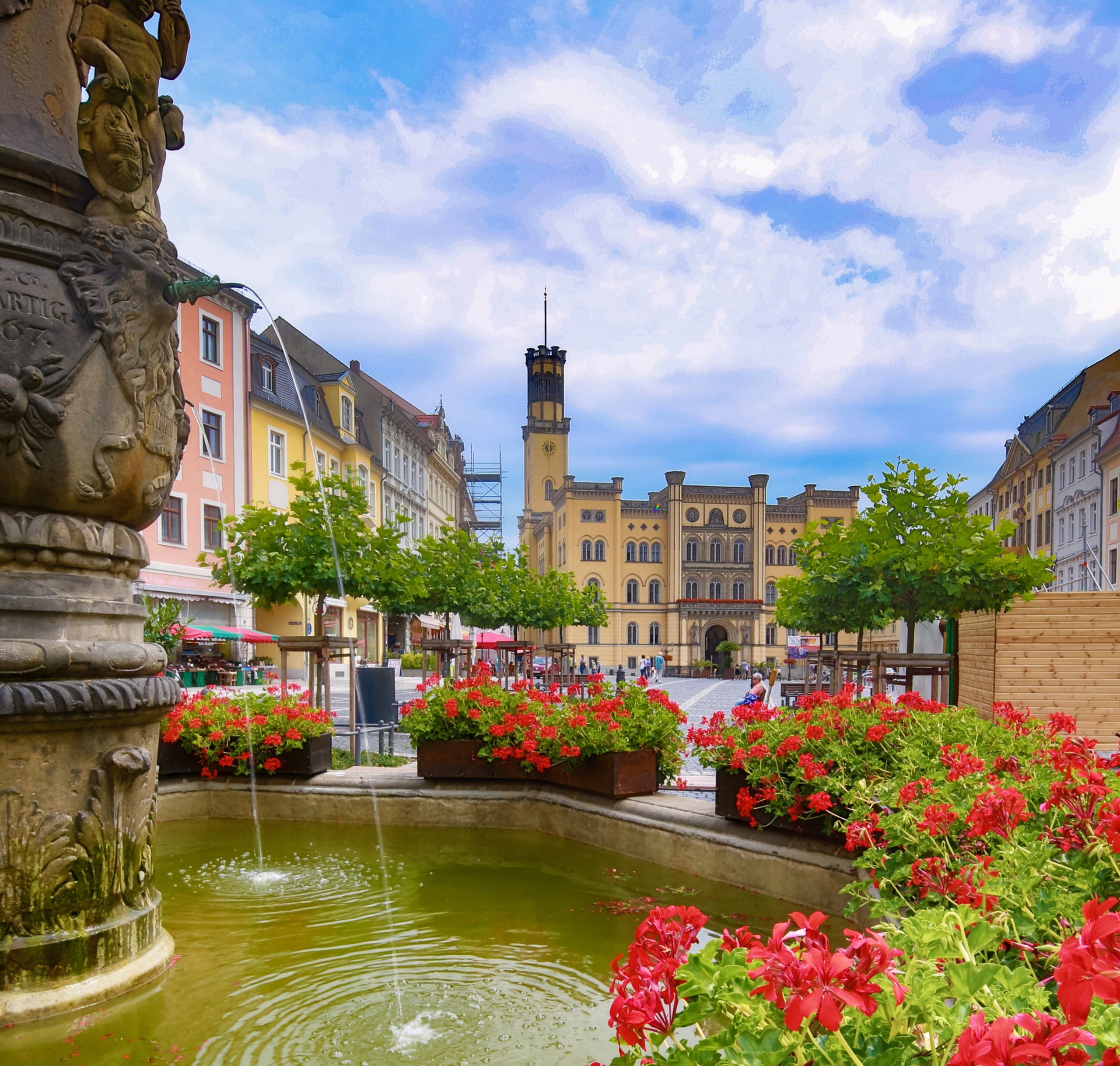 Zittau Stadt Blumen Brunnen Himmel Gebäude